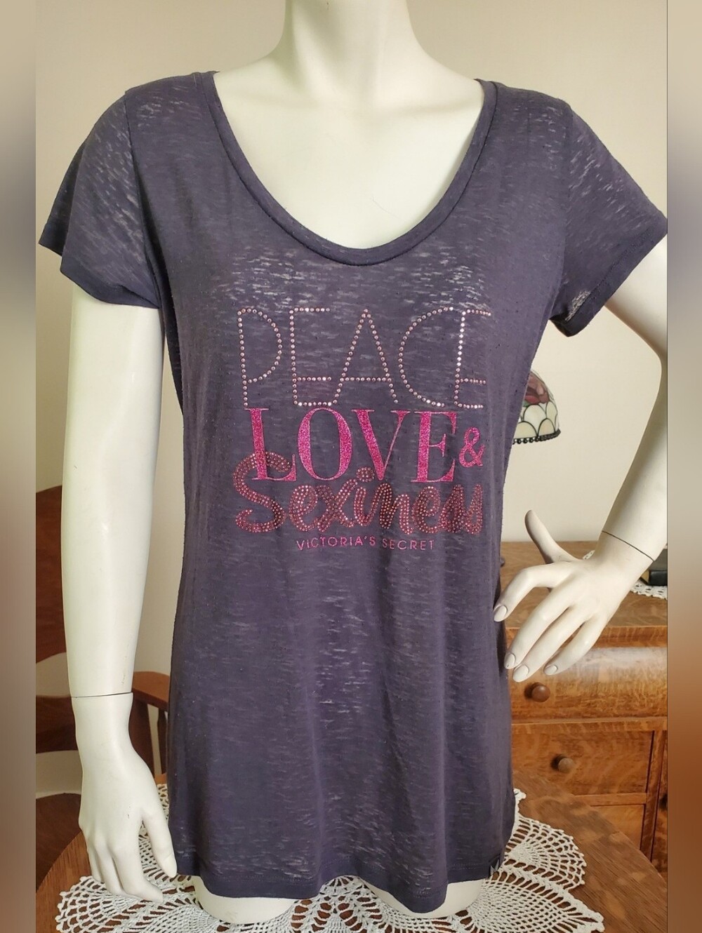 Y2K Victorias Secret Supermodel Essentials Tee Sequins Glitter Peace Large Grey